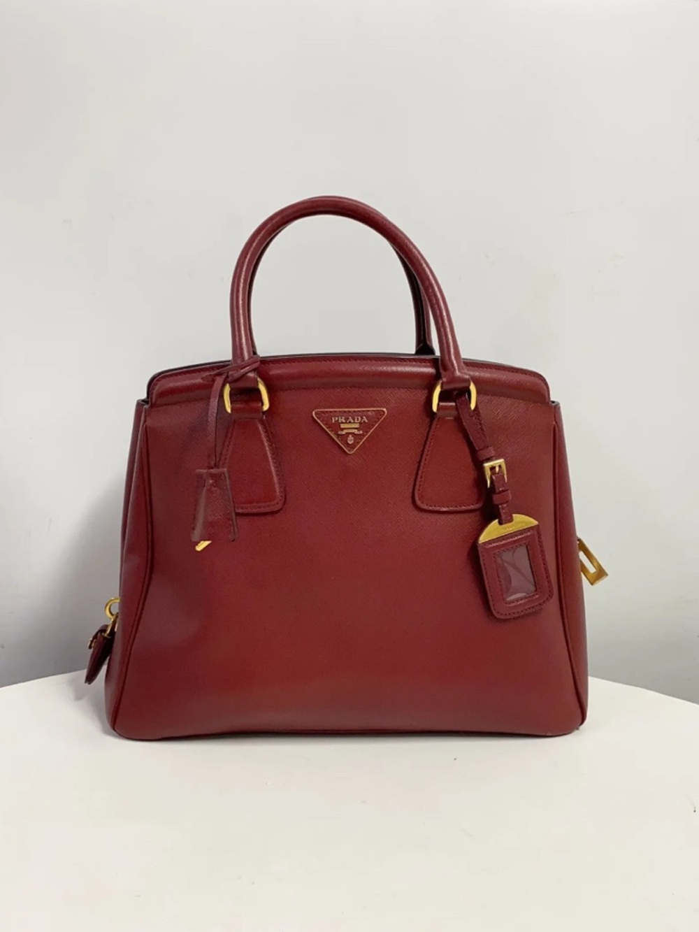 Prada Burgundy Saffiano Leather Satchel with Gold Hardware